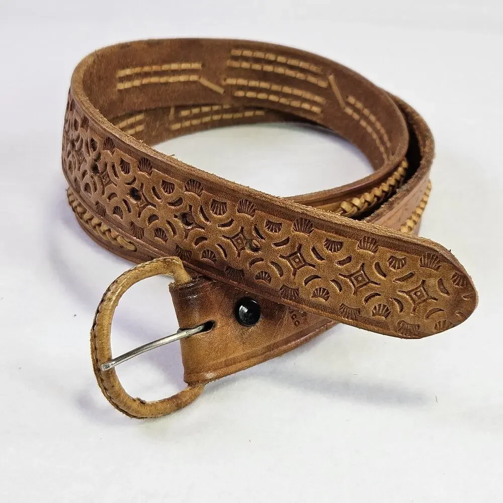 Vintage Tooled Leather Western Belt Mens 42 Boho Southwestern Removable Buckle